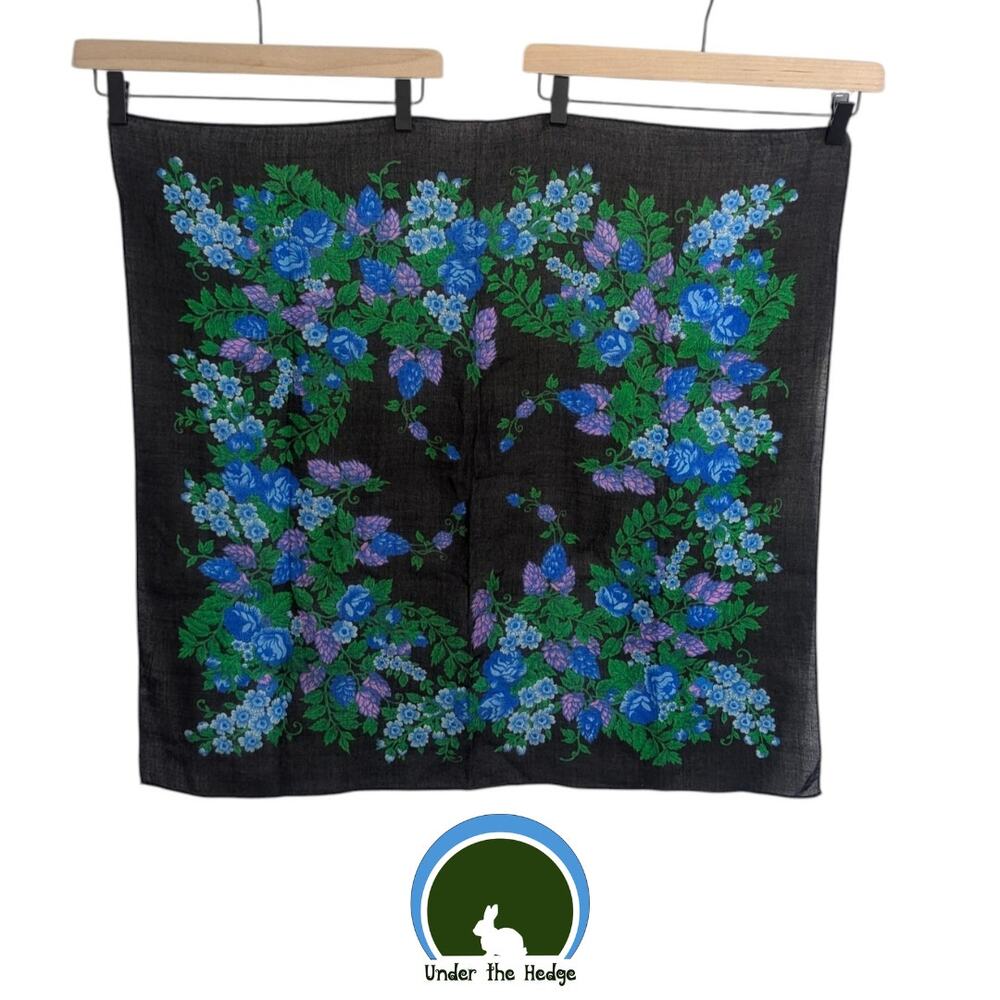 Vtg Black Blue Purple Floral Wool Square Scarf 28" x 28"